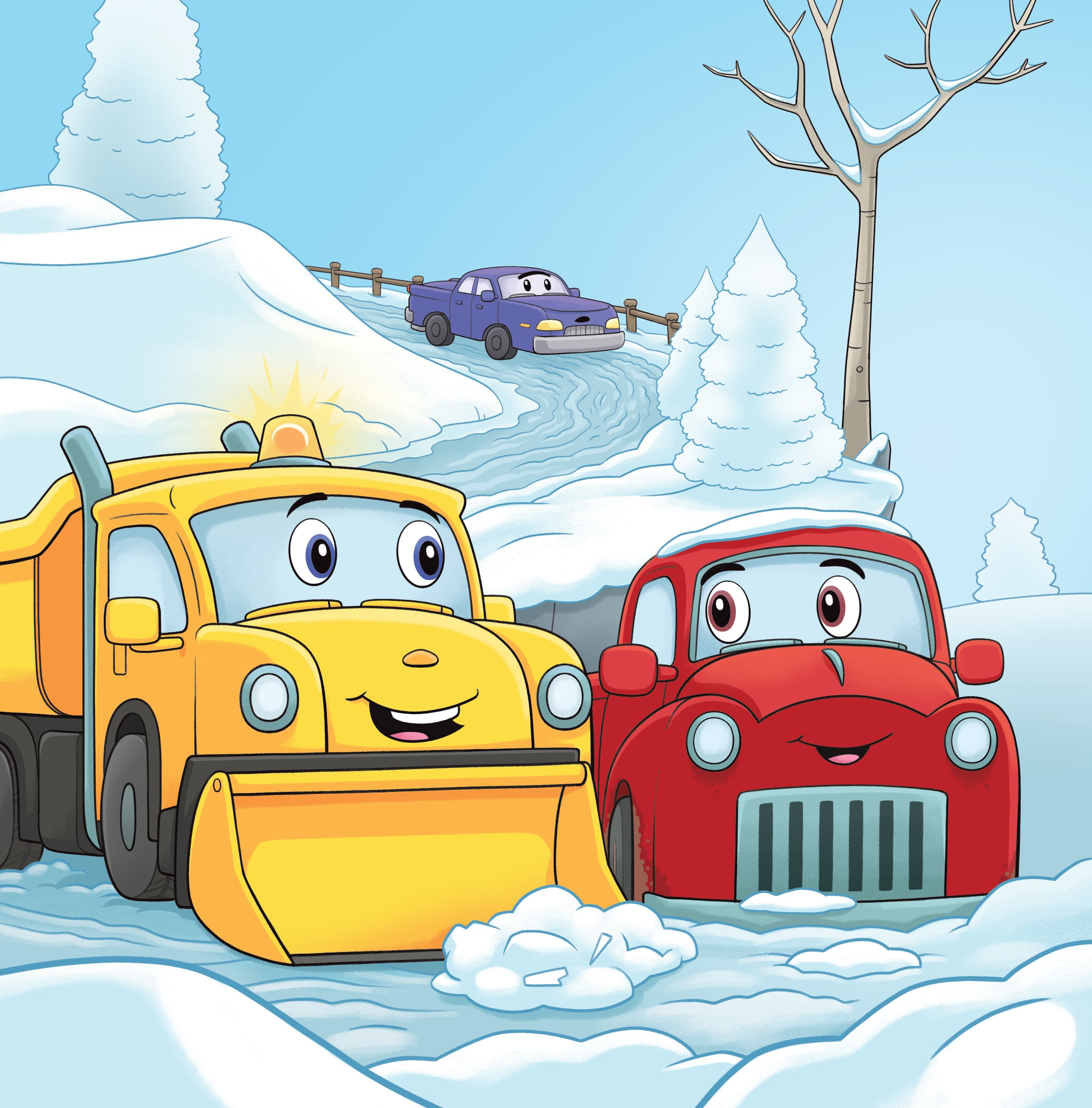 Sunny the Snowplow and his friend Rusty Red on a snowy road